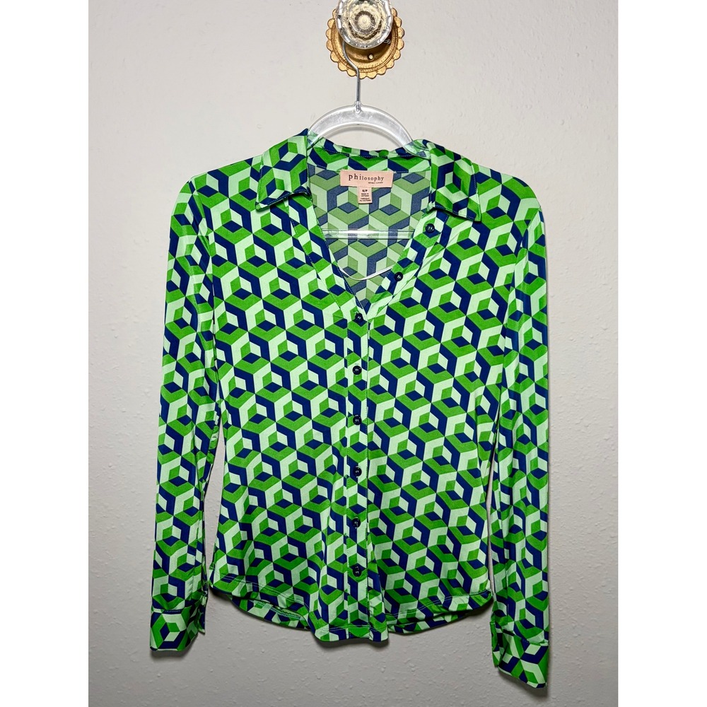 Philosophy Republic Clothing Green Geometric Cube Print Button Down Shirt Small